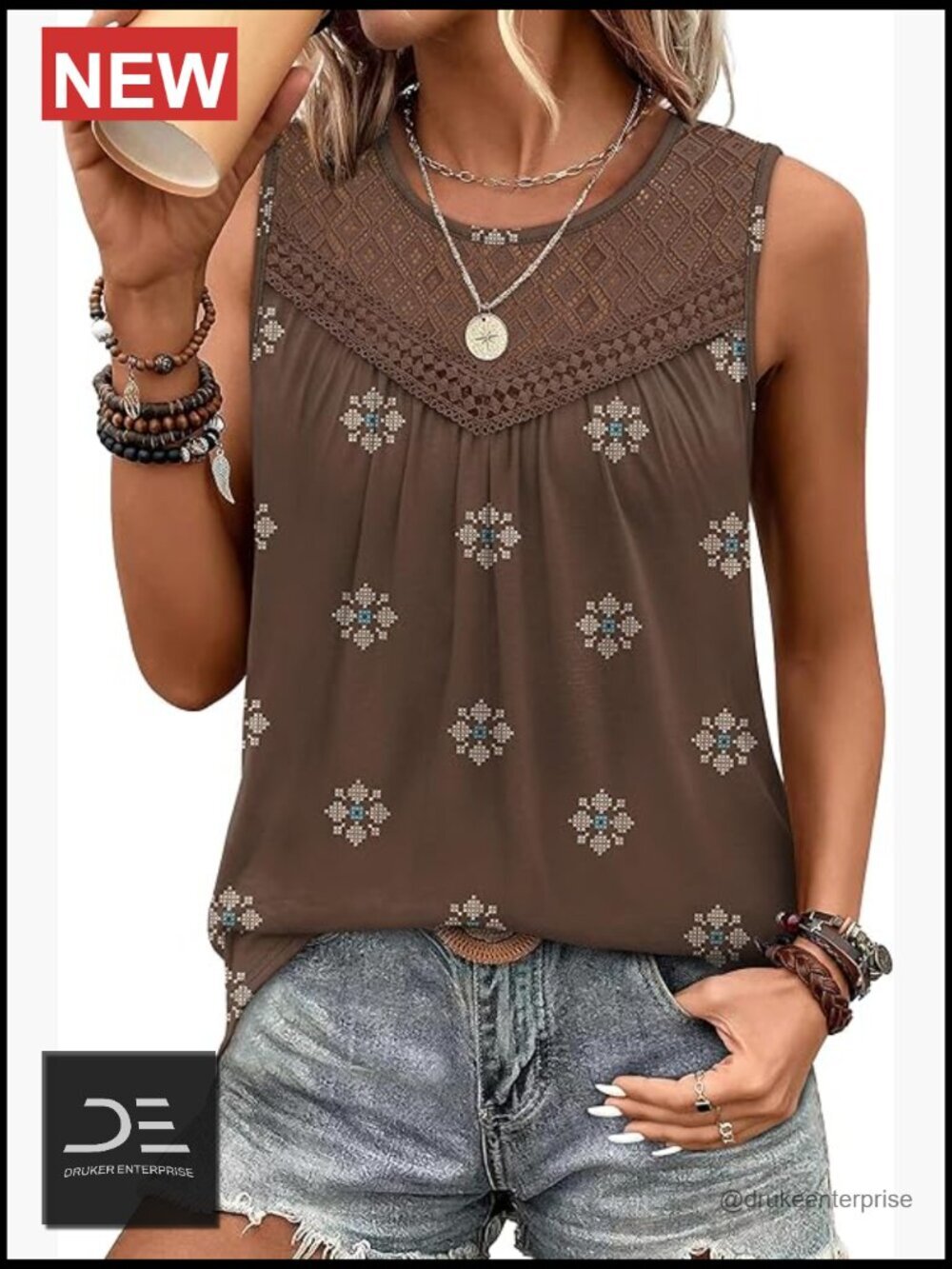 Sleeveless Lace Crochet Boho Tank Top Loose Fit Pleated Tunics Crewneck